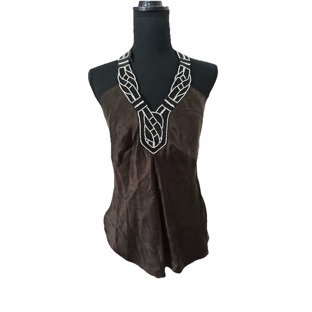 Ann Taylor Womens 100% Silk Halter Top Size 6 Brown Beaded Y2K Boho Coachella